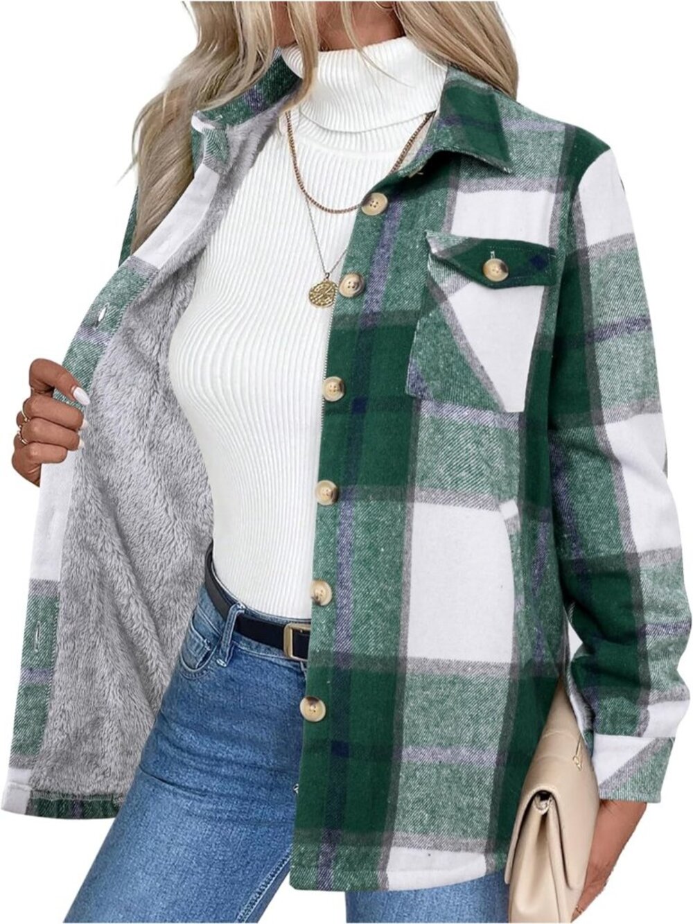 Women's Green Sherpa Fleece Lined Winter Plaid Flannel Jacket With Pocket